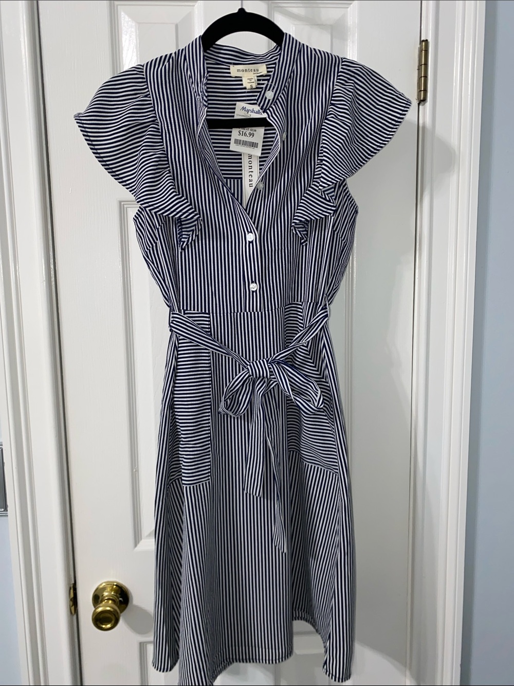 Navy and White Striped Belted Shirt Dress size Small